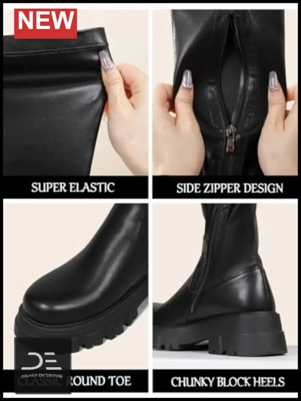 PU Leather Thigh High Boots Women Over Knee Block Heel Side Zip Stretch